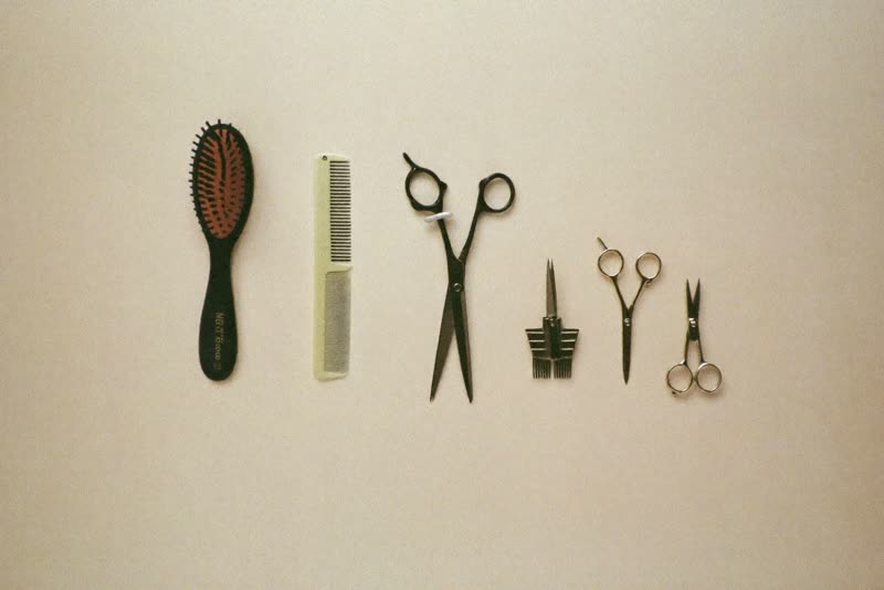 Brushes, comb, scissors and clippers laid out ready